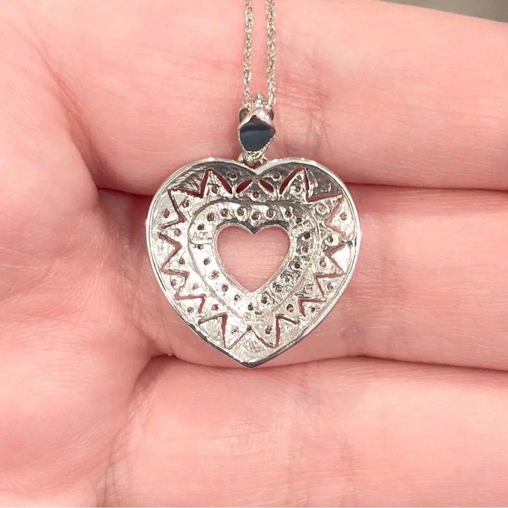 10K Diamond Heart Necklace, Dainty Filigree, Lavalier Style, White Gold, ADL - Picture 10 of 12